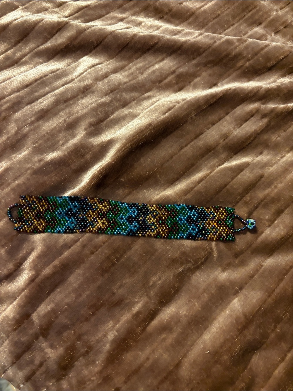 Handwoven Beaded Bracelet in Teal, Blue & Gold